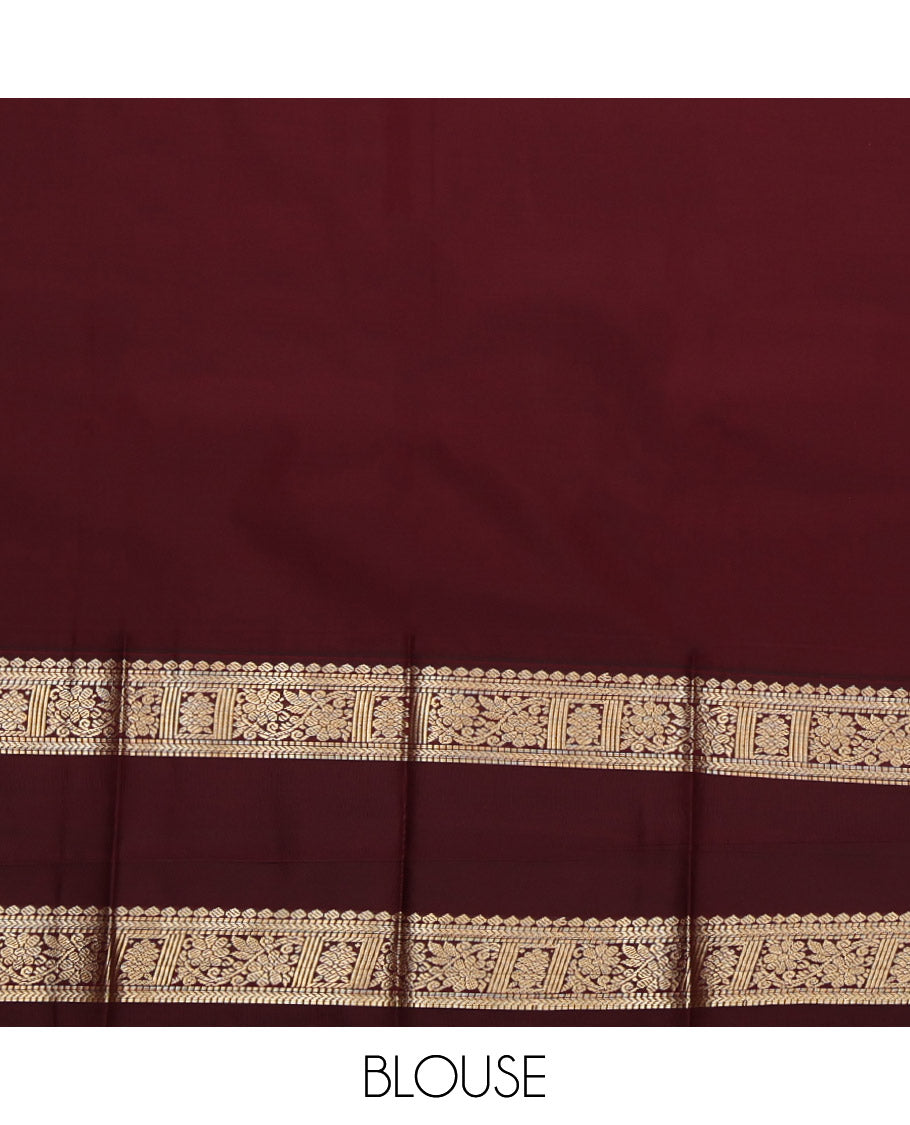 Blue Budget Silk Saree, Subtly Sparkled with Temple Buttas, Complemented by Contrast Traditional Rettai Pettu Border, Grand Pallu and a Contrast Blouse