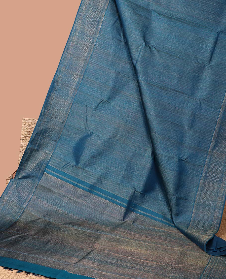 Blue striped kancheepuram silk saree with self zari design border & traditional zari design pallu