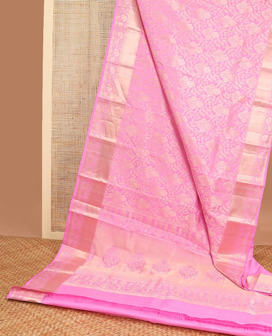 Ligth pink floral jacquard kancheepuram silk saree with self border of rekku, muthu, banaras, kodi visiry design & zari design pallu