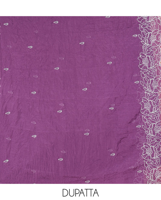 Cream-Lavender Organza Material Chudidar, Floral Thread Embroidery Top, Contrast Bottom, and Embroidered Scallop Dupatta