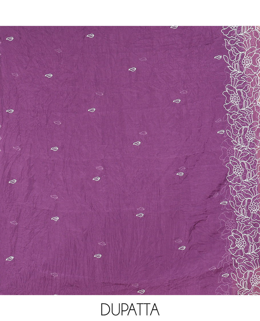 Cream-Lavender Organza Material Chudidar, Floral Thread Embroidery Top, Contrast Bottom, and Embroidered Scallop Dupatta