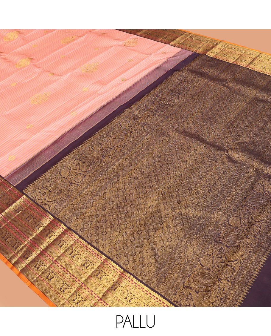 Pink Kasa-Kasa Checked Kanchipuram Silk Saree, Adorned with Zari Buttas, Complemented by a Contrast Border of Rekku, Muthu, Thilakam, Kamalam, and Mayil Kann Designs, Grand Pallu, and a Contrast Blouse