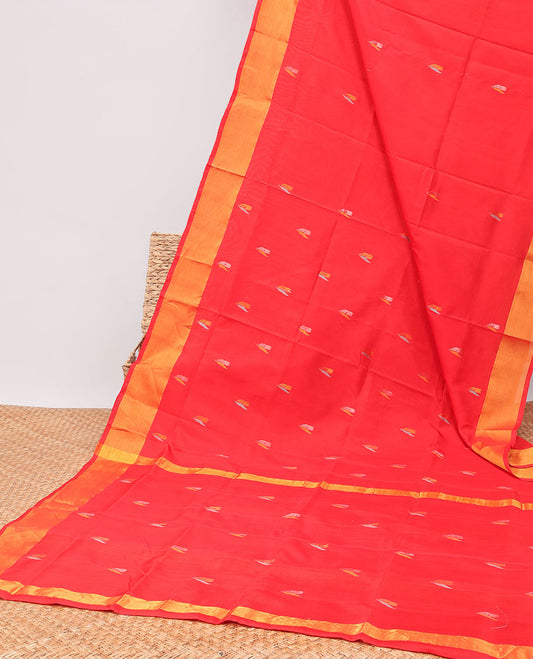 Red floral buttas uppada silk saree with contrast zari border & floral design pallu