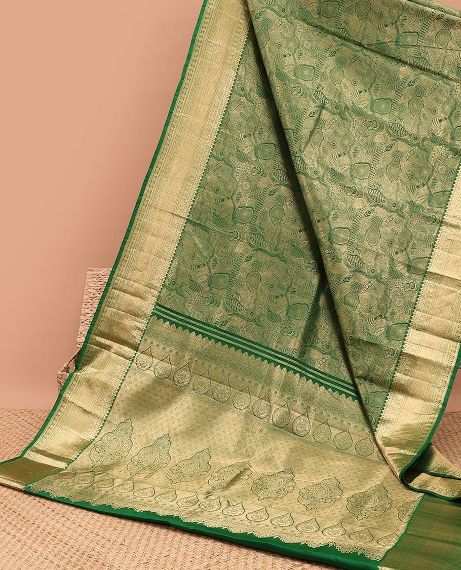 Green  floral jacquard kancheepuram silk saree with contrast zari design border & traditional zari design pallu