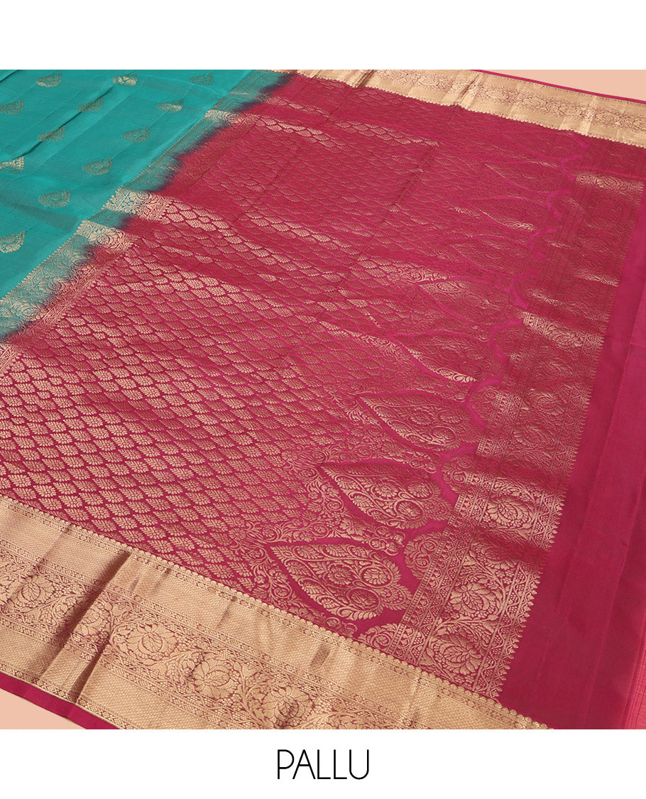 Teal Vasundhara Lite Silk Mix Saree, Elegantly Highlighted with Zari Buttas, Complemented by a Contrast Border of Kodi Visiry Designs, Opulently Embellished Pallu, and Paired with a Contrast Blouse