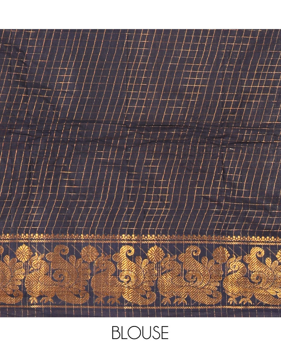 Maroon and Black Plain Sungudi Cotton Half-saree, Complemented by Captivating Contrast Traditional Zari Border of Temple, Peacock, and Elephant Designs, Paired with a Contrast Zari Checked Blouse, and Comes with a Zari-Bordered Vichitra Silk Dhavani