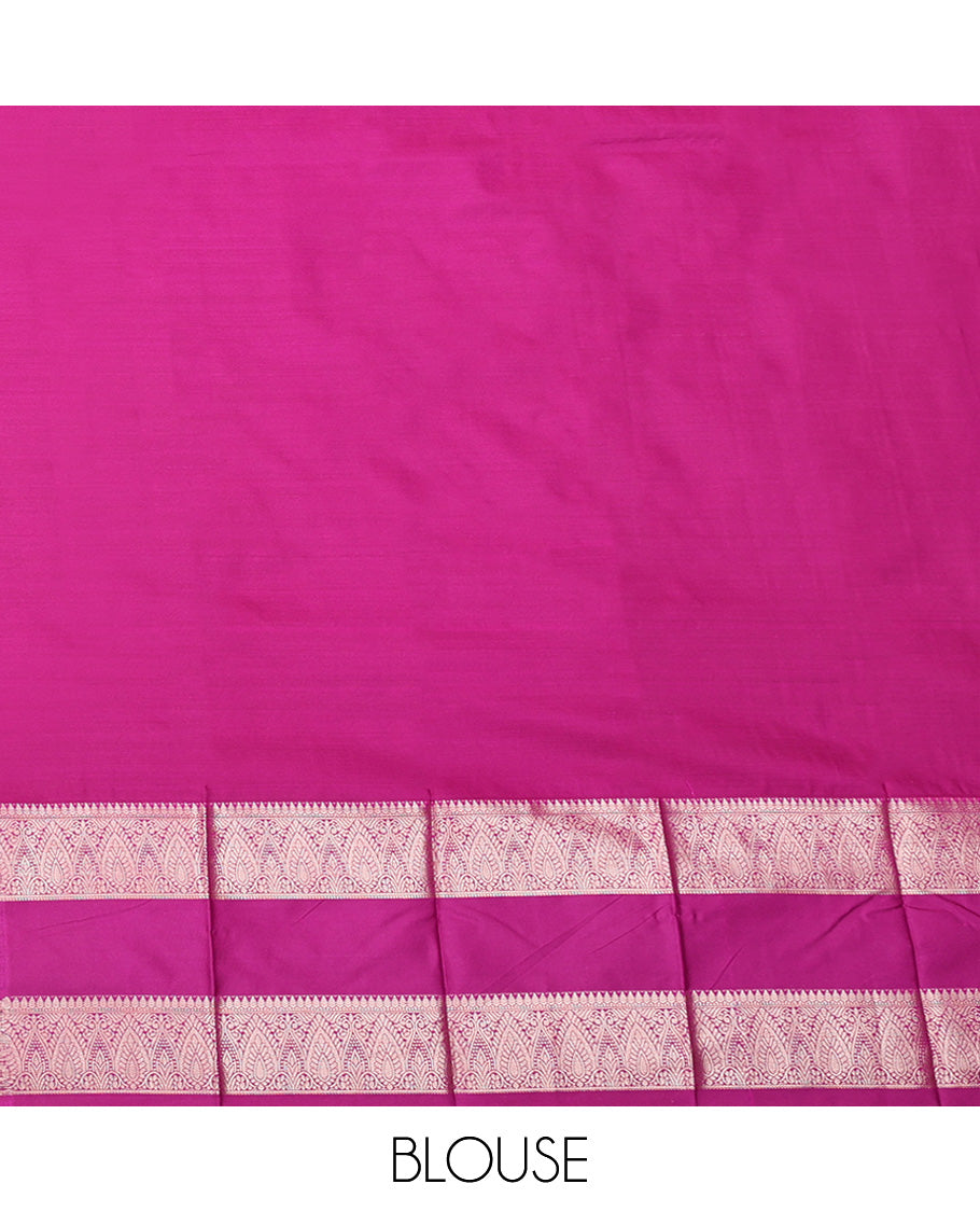 Green Budget Silk Saree, Showcasing Zari Buttas All Over Its Body, Complemented by a Contrast Traditional Zari Design Rettai Pettu Border, Grand Pallu, and Paired with a Contrast Blouse