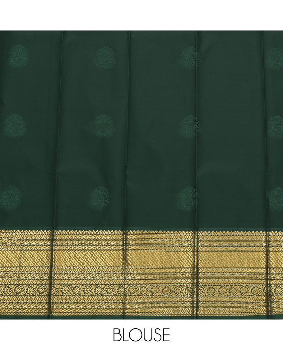 Red Budget Silk Saree, Elegantly Decked Up with Zari Buttas All Over Its Body, Complemented by a Contrast Traditional Zari Design Border, a Grand Pallu of Jaal Design, and Paired with a Contrast Blouse