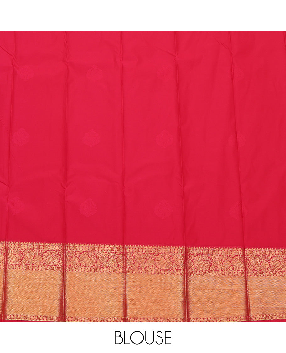Orange Budget Silk Saree, Gleamed Up with Zari Buttas, a Contrast Traditional Zari Border, Grand Jaal Pallu, and a Contrast Blouse