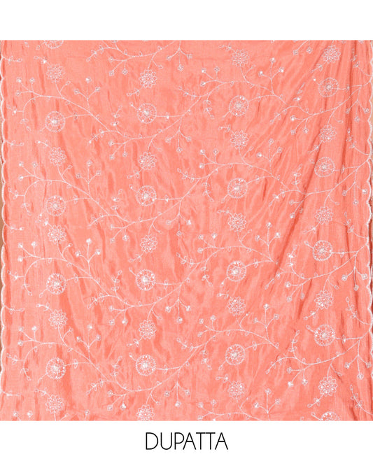 Cream with Dark Peach Vichitra Silk Material Chudidar Set, Elevated with Gold Zari Buttas On Its Top, a Plain Santoon Bottom, and Comes with a Floral Vine Sequins Embroidered Dupatta
