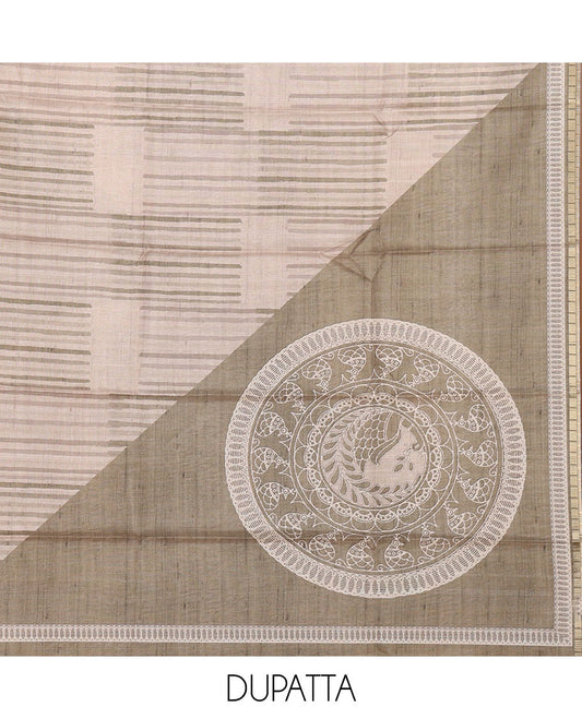 Chikku semi-tussar material chudidar set,geometric & round peacock motif print top, green bottom & geometric & round peacock print dupatta