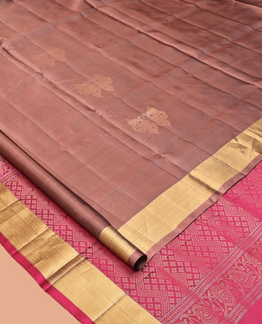 Brown Mayuri Lite Silk Mix Saree, Sparsely Woven with Butterfly Buttas on Its Body, Highlighted by Zari Bavanji Border, Complemented by a Contrast Pallu of Chevron Designs, and Paired with a Contrast Blouse