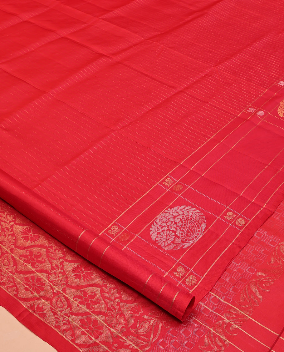 Red Mayuri Lite Silk Mix Saree, Finely Crafted with Muthu Stripes All Over Its Body, Highlighted by a Zari Butta Enclosed Checked Border, Pallu of Intricate Designs, and Paired with a Matching Blouse