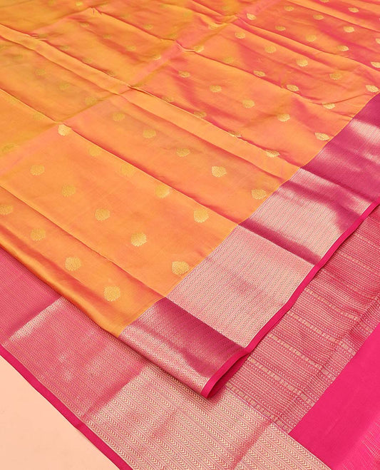 Orange Vasundhara Silk Mix Saree, Decked Up with Zari Buttas All Over Its Body, Complemented by Contrast Border of Muthu and Kathir Designs, Geometric Patterned Pallu and Paired with a Contrast Blouse