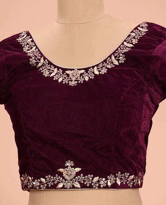 Maroon floral embroidered front round neck and back leaf neck with elbow sleeve velvet blouse