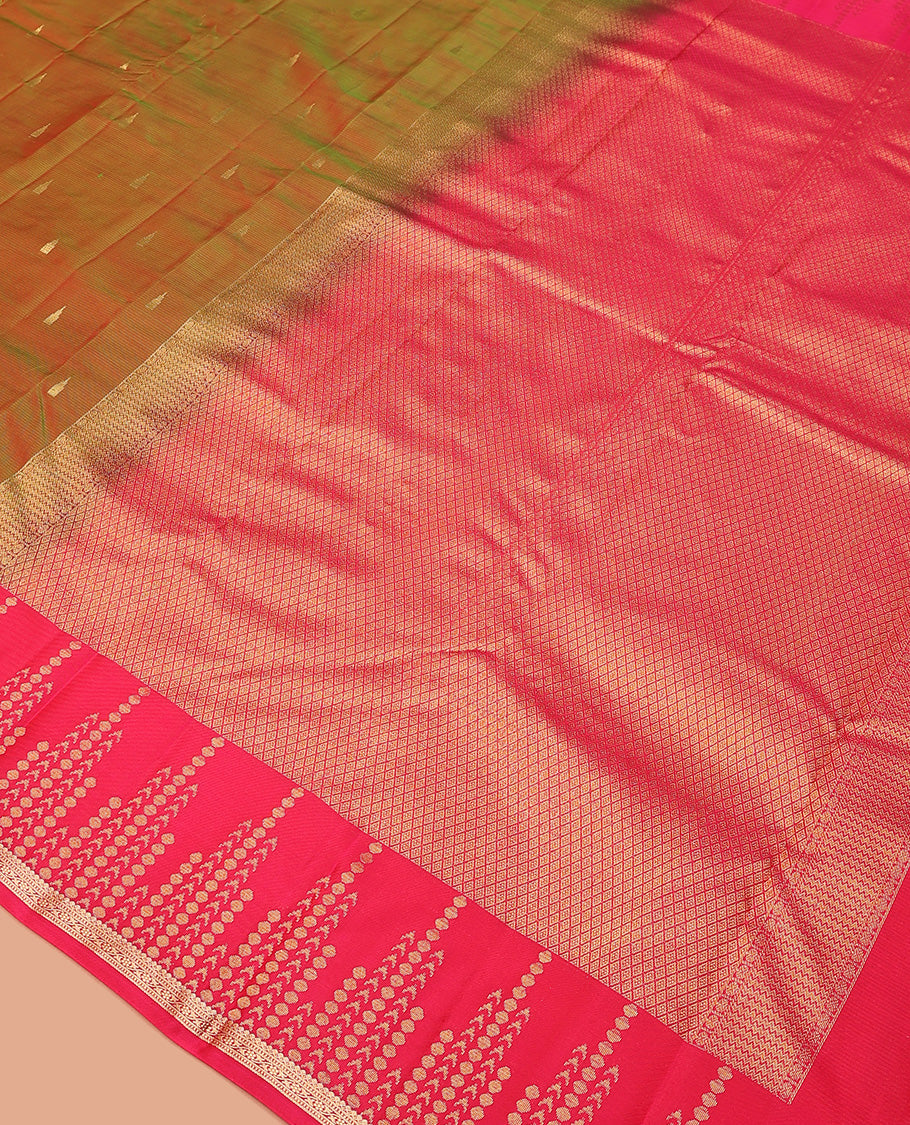 Green rekku zari buttas Vasundhara silk mix saree, contrast geometric zari border, and jaal pallu