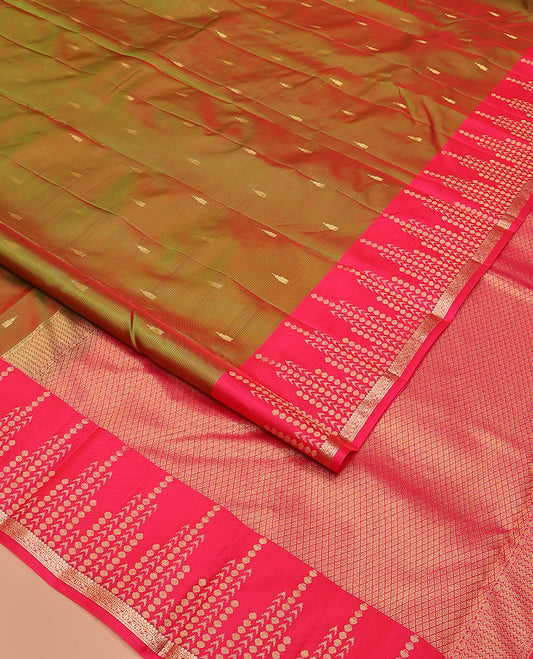 Green rekku zari buttas Vasundhara silk mix saree, contrast geometric zari border, and jaal pallu