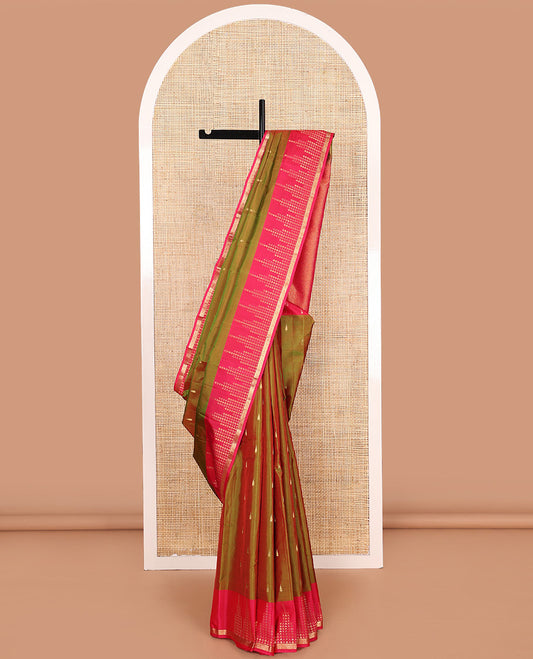 Green rekku zari buttas Vasundhara silk mix saree, contrast geometric zari border, and jaal pallu