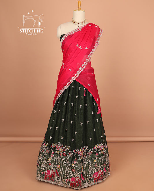 Bottle green floral motifs embroidery half saree with contrast with floral vine embroidery border , embridery blouse & floral embroidery scallop border dhavani