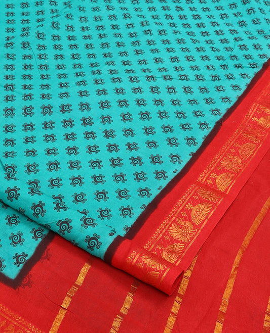 Blue buttas nine-yard cotton saree, contrast traditional zari border, and pallu of stripes