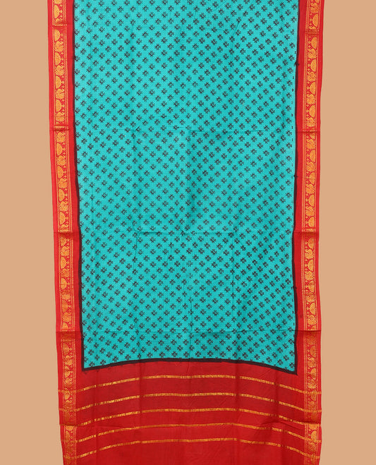 Blue buttas nine-yard cotton saree, contrast traditional zari border, and pallu of stripes