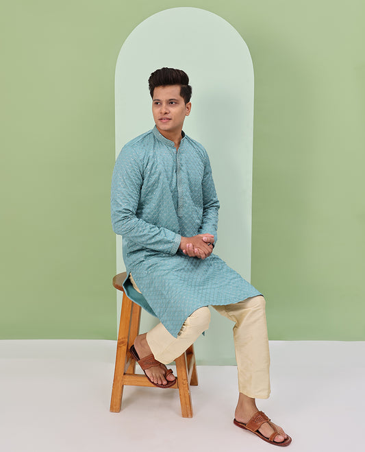 Pastel blue sequins and thread jaal design embroidered full-sleeved readymade kurta
