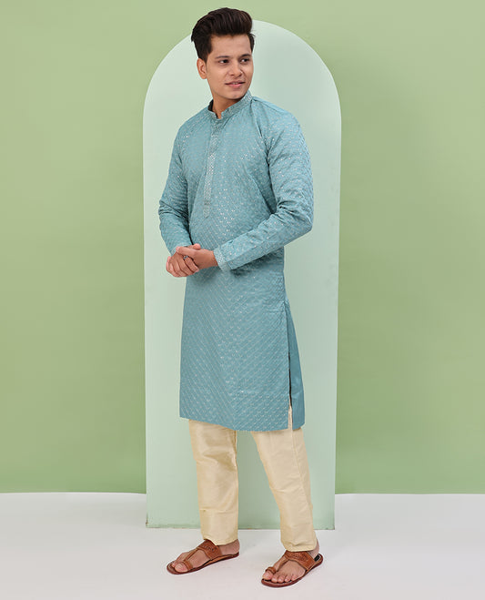 Pastel blue sequins and thread jaal design embroidered full-sleeved readymade kurta