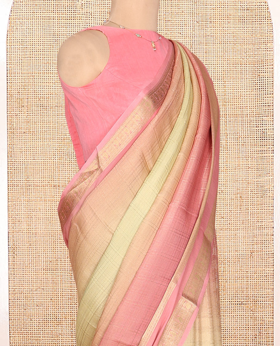 Multi-Color Ombre-Style Checked Mysore Silk Saree, Highlighted by a Traditional Zari Border, Floral Pallu, and a Matching Blouse