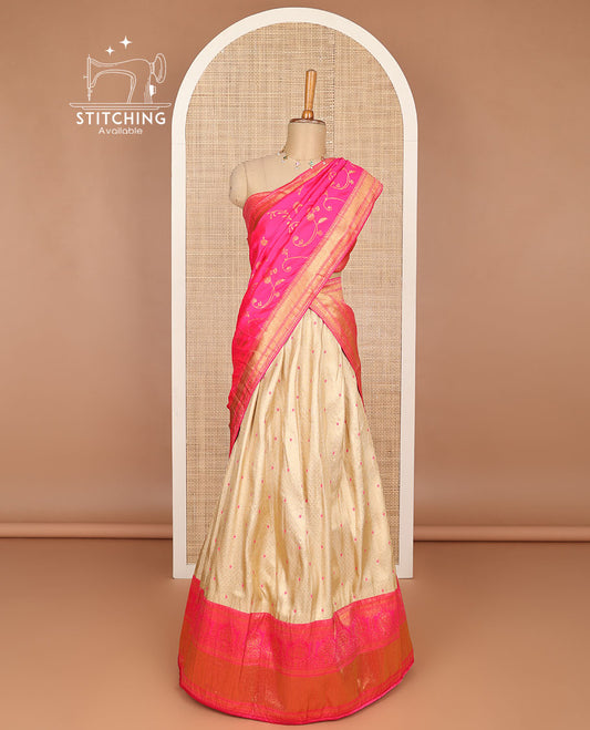 Cream buttas banaras half saree with contrast traditional zari design border, zari design blouse & pink floral vine design dhavani