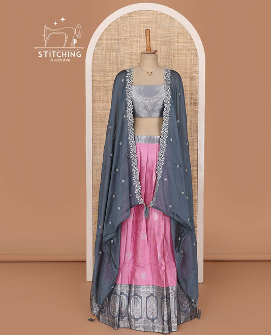 Pink lehenga set, buttas with contrast mughal style border skirt, jacquard stonework blouse, and contrast scallop embroidered dhavani with belt