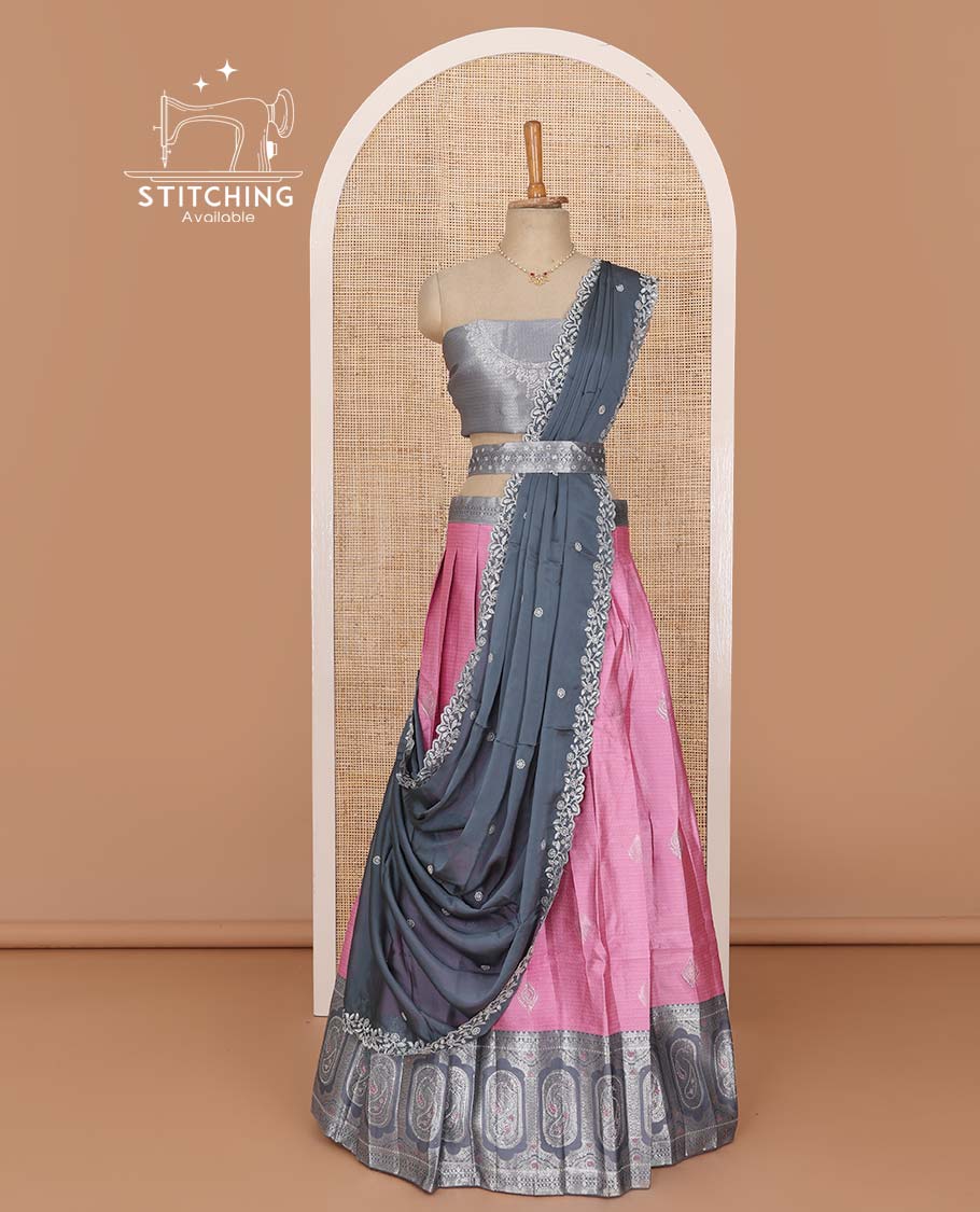 Pink lehenga set, buttas with contrast mughal style border skirt, jacquard stonework blouse, and contrast scallop embroidered dhavani with belt