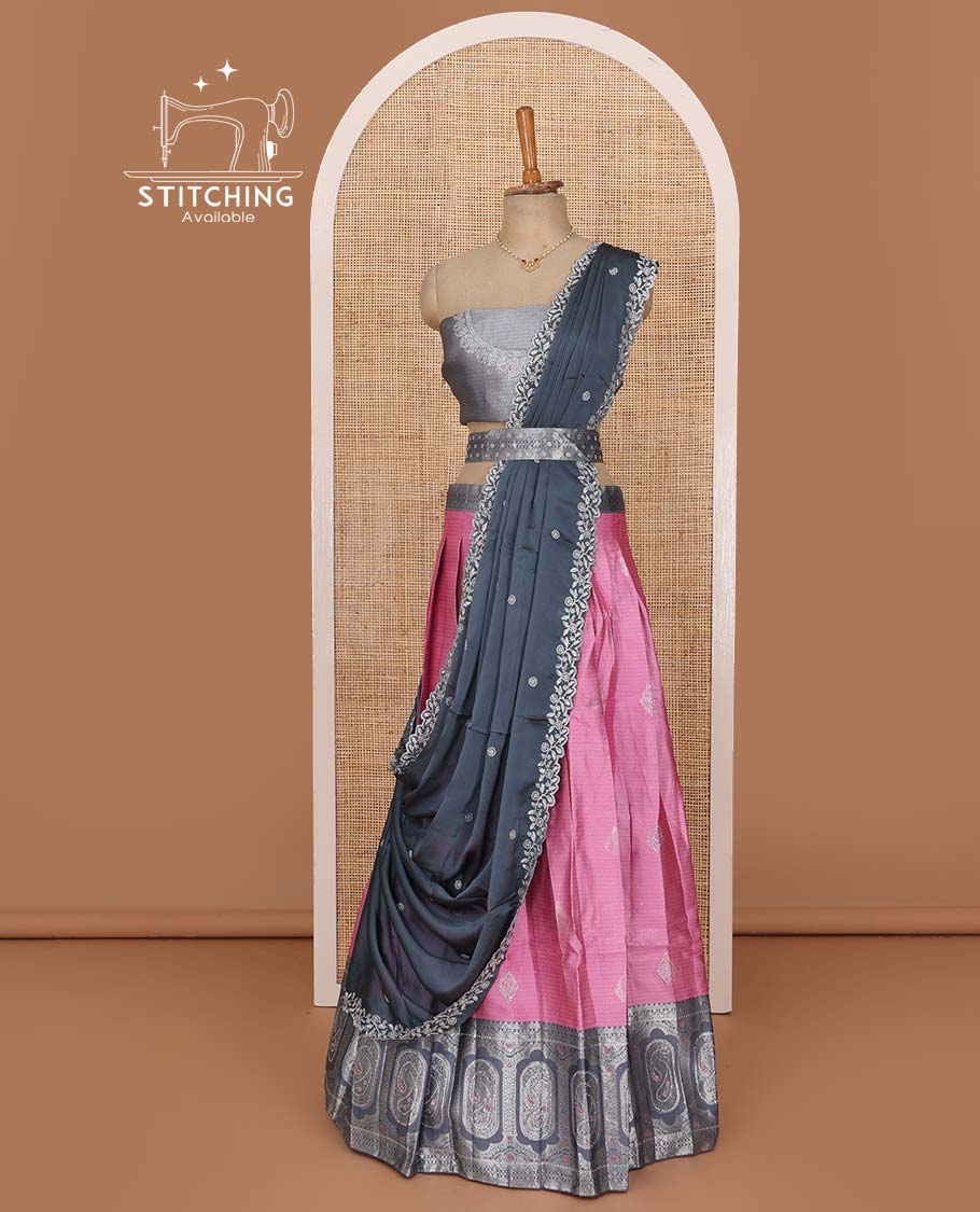 Pink lehenga set, buttas with contrast mughal style border skirt, jacquard stonework blouse, and contrast scallop embroidered dhavani with belt