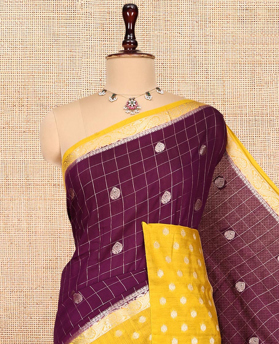 Purple Assam Silk Saree, Embellished with Zari Butta Enclosed Checks, Complemented by a Contrast Zari Butta Woven Border, Zari-Striped Pallu, and a Contrast Blouse