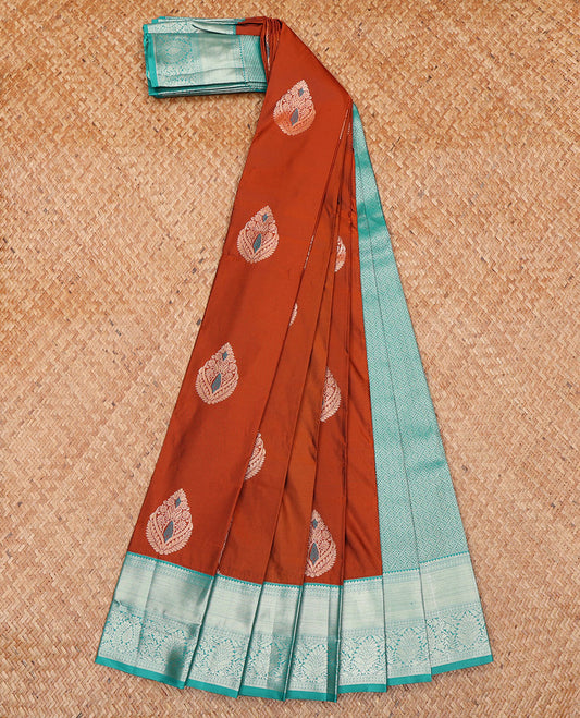 Rust Orange Budget Silk Saree, Masterfully Woven with Meena Buttas All Over Its Body, Complemented by a Contrast Traditional Zari Design Woven Border, Majestically Detailed Pallu of Jaal Designs, and Paired with a Contrast Blouse