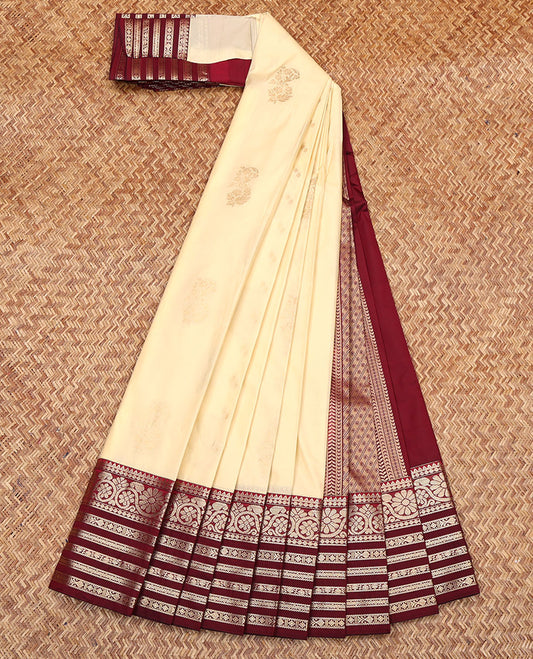 Cream Budget Silk Saree, Subtly Sparkled with Zari Buttas All Over Its Body, Complemented by a Contrast Traditional Zari Border of Floral Creeper Designs, Pallu of Polka Dot and Stripes, and Paired with a Contrast Blouse