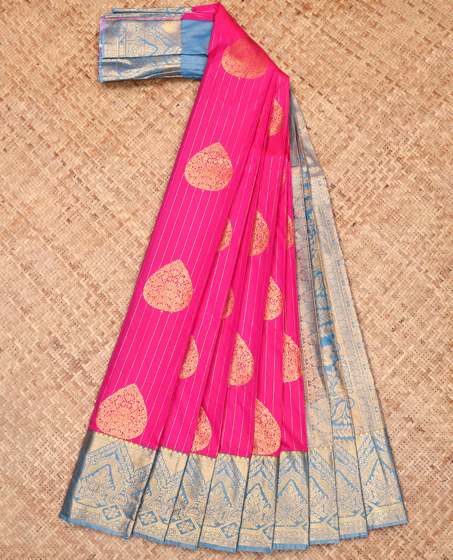Pink Budget Silk Saree, Richly Detailed with Zari Buttas and Stripes, Complemented by a Contrast Traditional Border, Grand Pallu, and a Contrast Blouse
