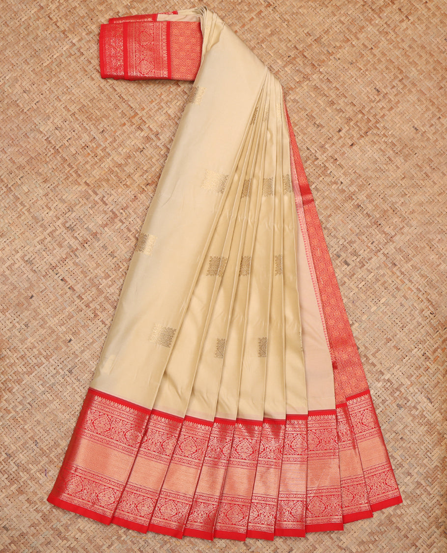 Cream Budget Silk Saree, Detailed with Zari Buttas, Complemented by a Contrast Traditional Zari Border, Grand Pallu, and Contrast Blouse