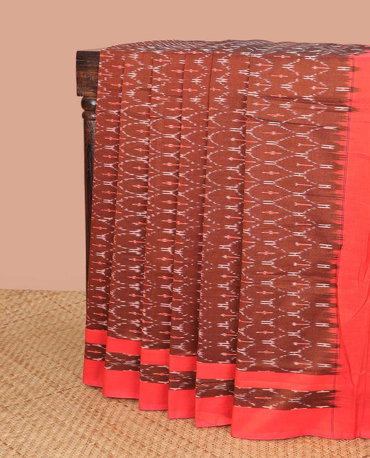 Brown ogee design ikkat cotton saree with contrast floral border & arrow design pallu