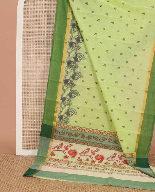 Green meena floral buttas & peacock printed chirala cotton saree, contrast zari border & pallu of floral & bird print