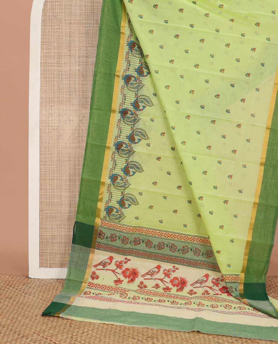 Green meena floral buttas & peacock printed chirala cotton saree, contrast zari border & pallu of floral & bird print