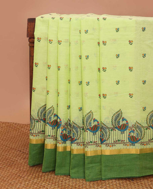 Green meena floral buttas & peacock printed chirala cotton saree, contrast zari border & pallu of floral & bird print