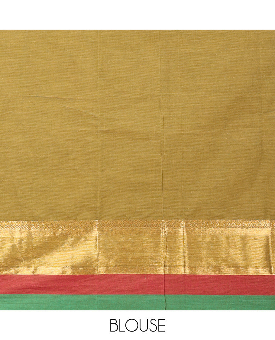 Green buttas kanchi cotton saree, contrast thread and zari border, and pallu of paisley and leaf vine