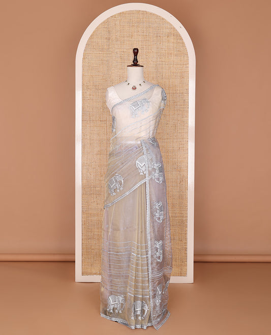 Cream stone embroidered elephant motifs designer saree,  scallop crystal stone border & pallu of elephant embroidery