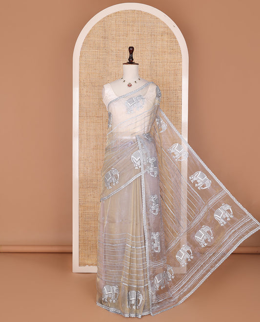 Cream stone embroidered elephant motifs designer saree,  scallop crystal stone border & pallu of elephant embroidery