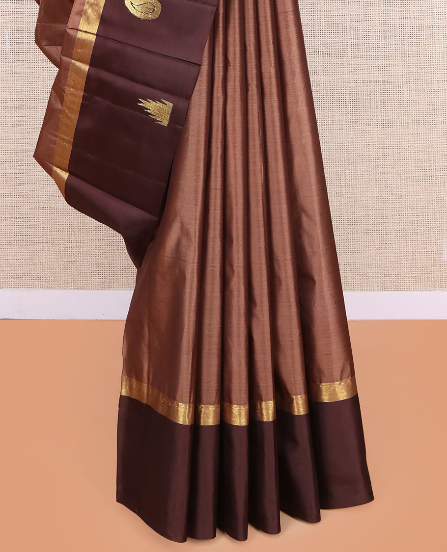 Brown  Kanchipuram Silk Saree, Woven with Zari Buttas, Complemented by Contrast Manga-Thazampoo Rekku Border, Pallu of Zari Design, and a Contrast Blouse