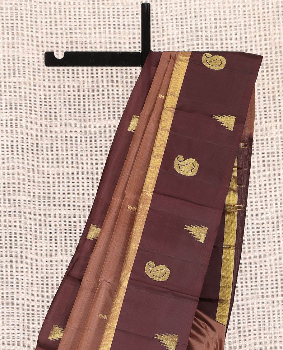 Brown  Kanchipuram Silk Saree, Woven with Zari Buttas, Complemented by Contrast Manga-Thazampoo Rekku Border, Pallu of Zari Design, and a Contrast Blouse