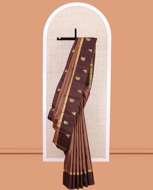 Brown  Kanchipuram Silk Saree, Woven with Zari Buttas, Complemented by Contrast Manga-Thazampoo Rekku Border, Pallu of Zari Design, and a Contrast Blouse