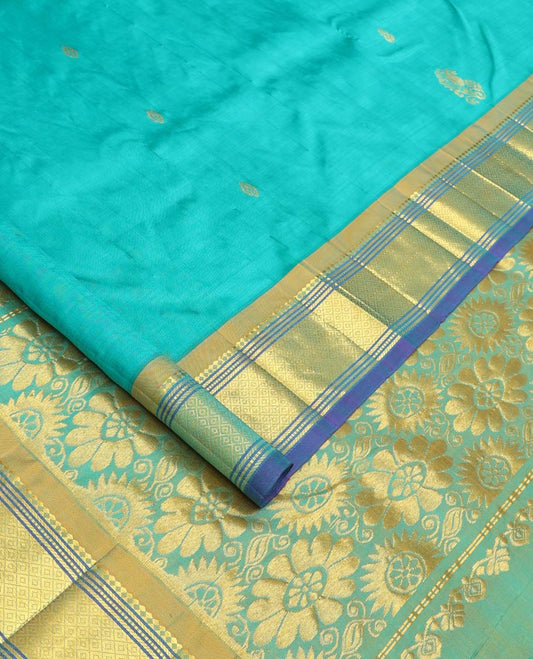 Blue zari buttas Kanchipuram silk saree, contrast border of paneer sombu, banaras, muthu, and mayil kann designs, and floral design pallu