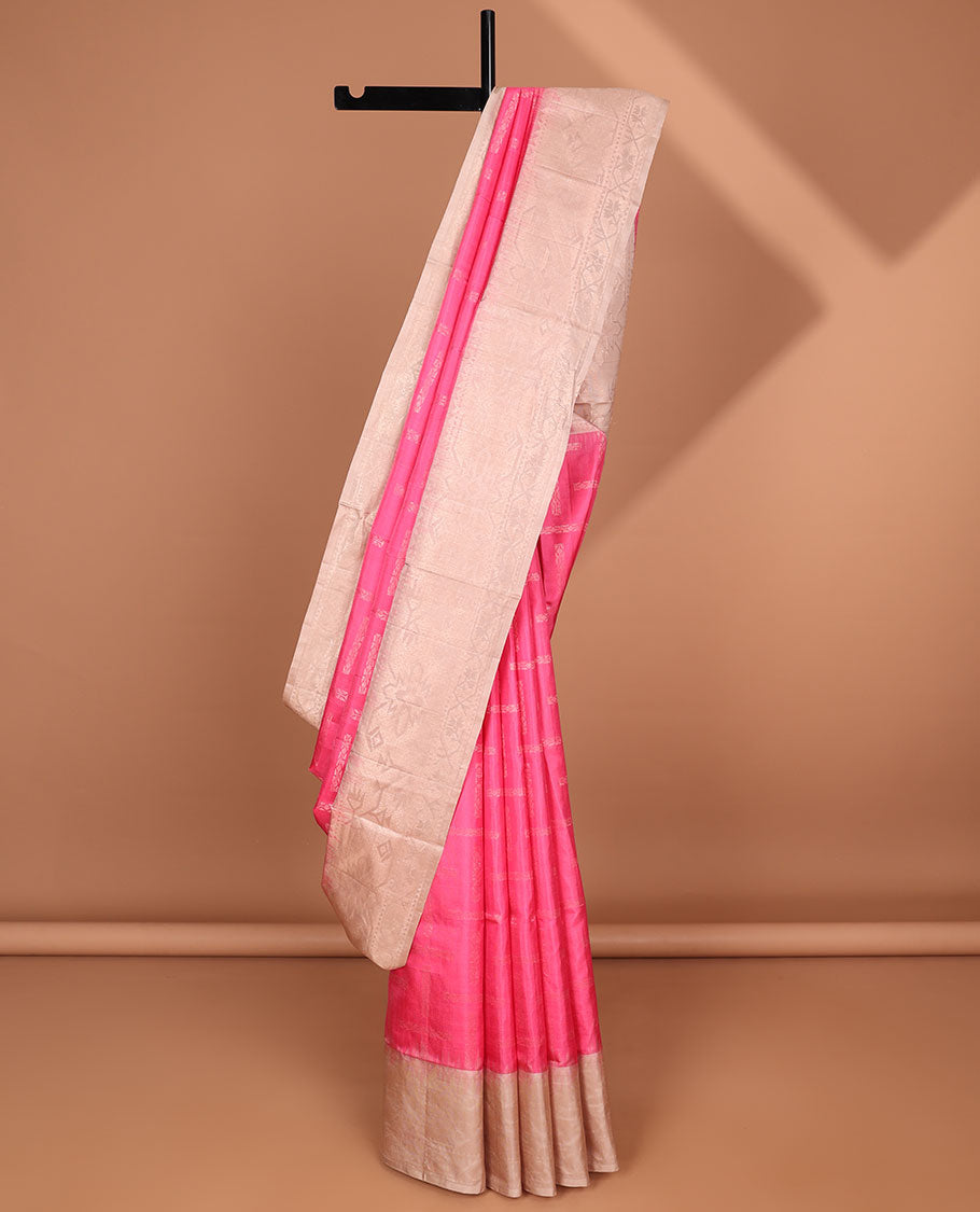 Pink soft silk saree with buttas, contrast border & pallu of patola-style designs