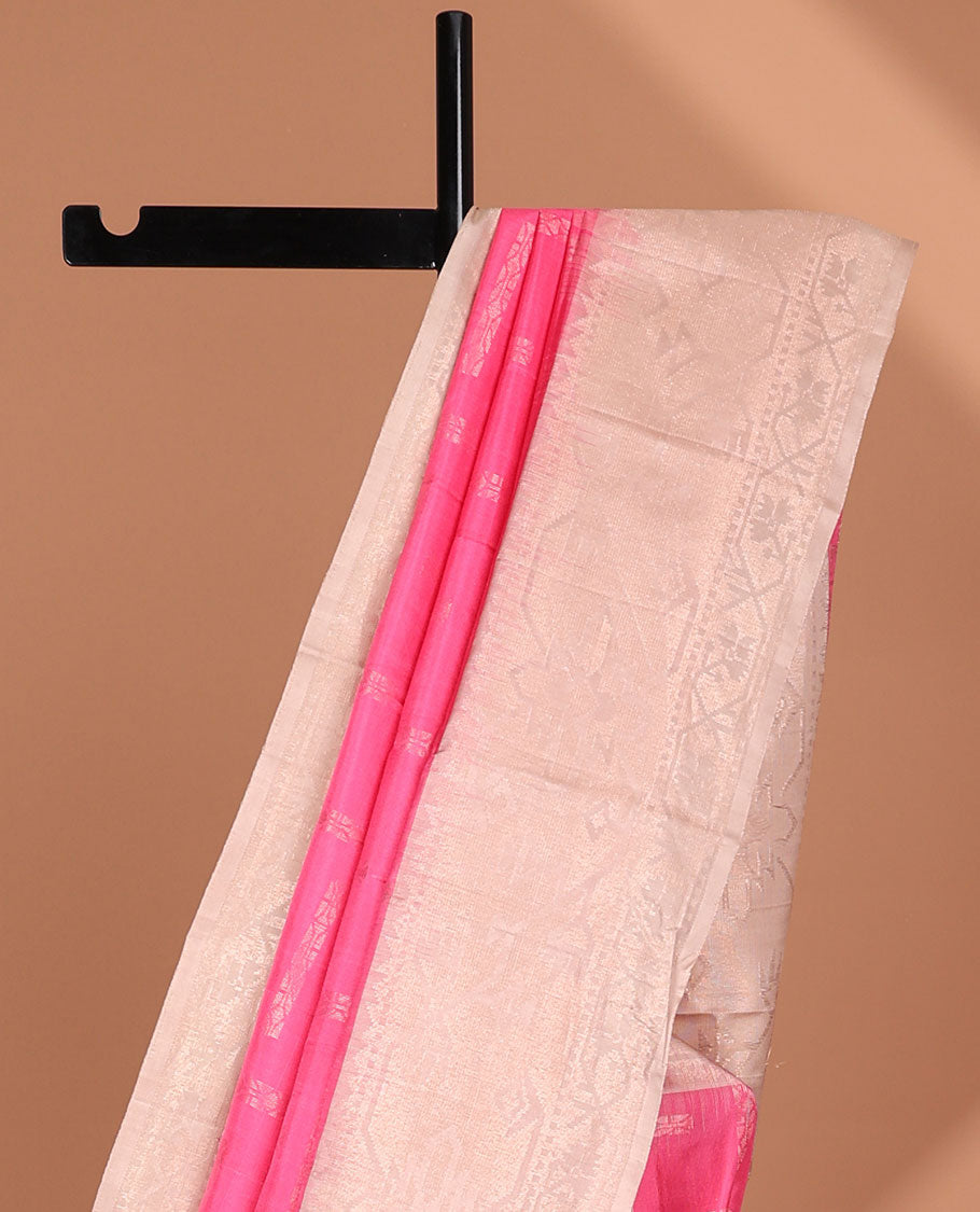 Pink soft silk saree with buttas, contrast border & pallu of patola-style designs